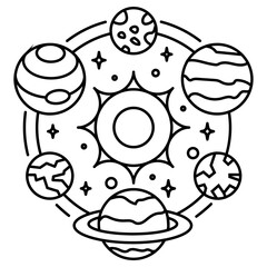 Outline Astronomy Icon, Telescope and Planets in Orbit