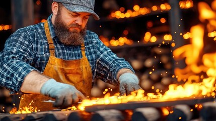 Bearded Blacksmith Forging Metal in Dark Workshop