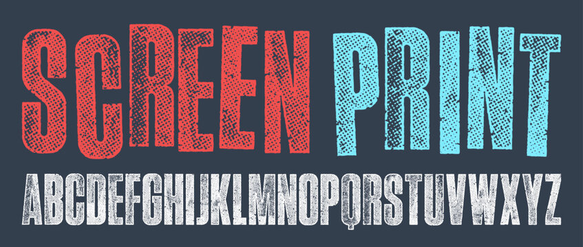 Screen Print Condensed Font. Works well at small sizes. Detailed individually textured characters with an eroded halftone, screen print texture. Unique design font