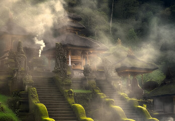 Ancient Balinese temple shrouded in early morning mist, located on a mountain slope, with no people around, moss-covered stone steps, sacred statues, and incense smoke drifting slowly 