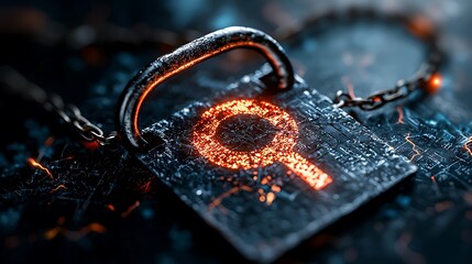 Glowing Search Icon on a Burning Metal Lock