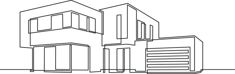 Flat roof house or large commercial building in continuous line art drawing style. Black linear sketch of modern architecture isolated on white background. Vector illustration