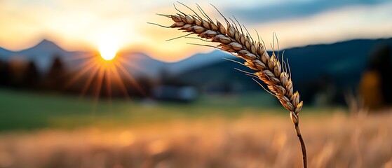 Golden Wheat at Sunset with Mountain Background