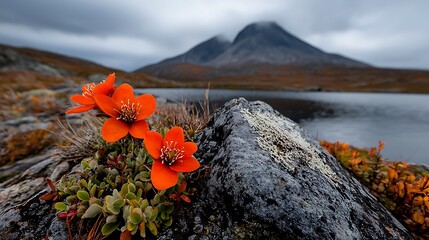 Vibrant Orange Flowers Blooming on Arctic Tundra Rock Near Mountain Lake