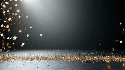 Golden Confetti and Glitter Falling on Dark Stage Background confetti glitter falling background joy