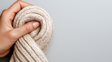 Hand Holding Beige Knitted Fabric Texture Against Grey Background