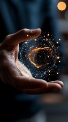 Hand Holding Glowing Blue and Gold Particle Sphere