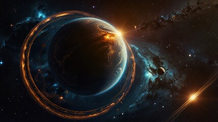 Obraz premium A vibrant, fiery planet encircled by glowing rings in deep space. Cosmic nebulae swirl around it