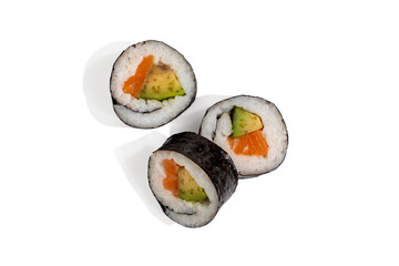 Three sushi rolls with salmon and avocado on a white background. The composition is balanced and showcases the typical ingredients of classic maki. Sushi on a transparent background.