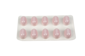 These pink capsules are arranged in a blister pack containing ten units. The shot shows the product on a light background with shadows and is ideal for pharmaceutical presentations