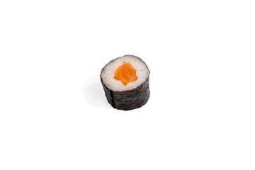 A single maki sushi with salmon filling, perfectly centered. The clear presentation is suitable for...