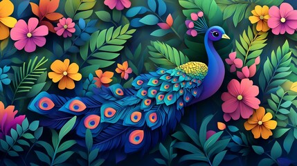 Vibrant Peacock Amidst Paper Flowers