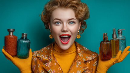 Joy from upcoming promotions, announcements and discounts. Advertisement for body products. The girl smiles and shows her hands. Pop Art Retro Vector Illustration Kitsch Vintage 50s 60s Style. On a