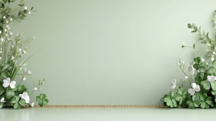 Fresh Green Background with Lucky Clover, Flowers, and Gold Glitter Frame green gold glitter frame