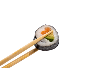 A maki roll with salmon and avocado is held by chopsticks. The perfect balance of color and texture makes the image ideal for advertising and gastronomy. Sushi on a transparent background.