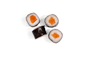 Top view of four salmon maki sushi on a white background. The structure of the ingredients is clearly visible, perfect for presentations or menus. Sushi on a transparent background. © Jakob