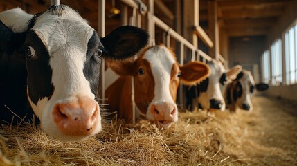 Close-up of a curious black and white dairy cow in a barn - farm life
