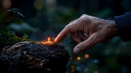 Hand Igniting Embers in Dark Forest