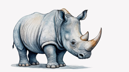 Obraz premium Watercolor image of a rhinoceros in grey and blue tones with expressive details on a light background