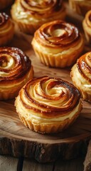Fototapeta premium Close-up of several small, rose-shaped pastries on a wooden board