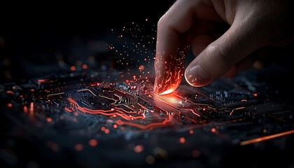 Hand Interacting with Glowing Circuit Board Detail