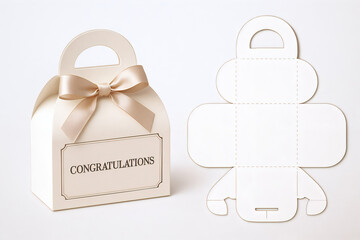 I created an elegant gift box with a curved top and built-in handle, decorated with a ribbon and a "Congratulations" message on the front. 