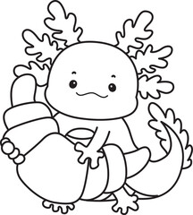 Outline of Illustration of cute axolotl activities icon.
Lineart of Funny pink axolotl in daily routine stickers.
