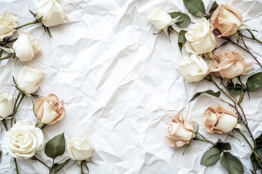 Delicate cream and peach roses on crumpled white paper - Powered by Adobe