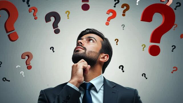 Thoughtful man with beard looking up surrounded by question marks on grey background. Concept of decision making and doubt