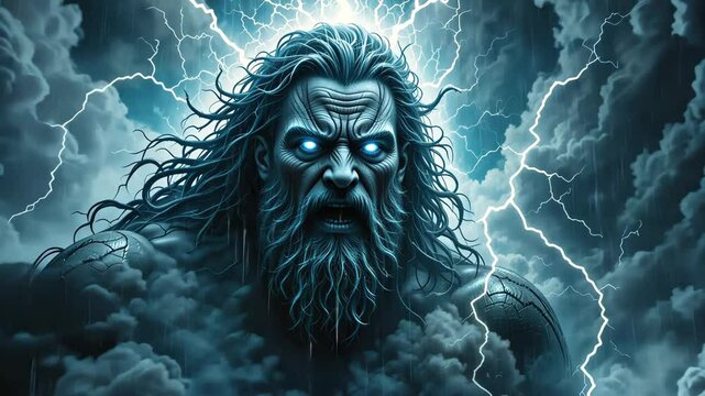 Mythological god with glowing eyes and stormy hair surrounded by lightning on dramatic cloudy background. Concept of power and ancient legends