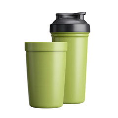 Green reusable cup and shaker bottle with black lid.