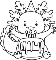 Outline of Illustration of cute axolotl activities icon.
Lineart of Funny pink axolotl in daily routine stickers.
