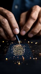 Hands Creating a Golden Fingerprint on Dark Surface