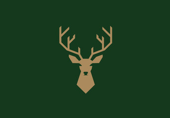 Geometric deer head logo in flat vector style, symmetrical antlers, forest green and tan colours.