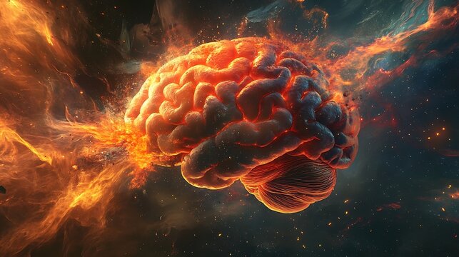Surreal human brain exploding fiery cracks glowing particles intense dynamic powerful concept image