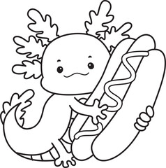 Outline of Illustration of cute axolotl activities icon.
Lineart of Funny pink axolotl in daily routine stickers.
