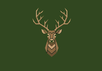 Geometric deer head logo in flat vector style, symmetrical antlers, forest green and tan colours.