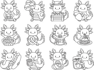 Outline of Illustration of cute axolotl activities icon.
Lineart of Funny pink axolotl in daily routine stickers.
