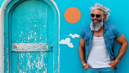 Happy Senior Man with Gray Beard and Sunglasses Smiling Against a Blue Wall