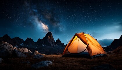 Illuminated Tent on Grassy Hill Under Starry Night Sky