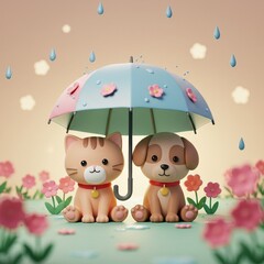 Cute cat and dog sitting under umbrella with flowers on a rainy day 