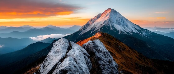 Layered Mountain Ridges at Sunset with Snow
