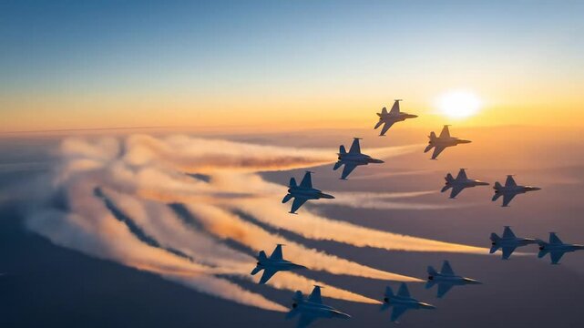 Aerial jet formation display at sunset