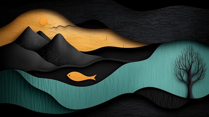 Layered Paper Landscape with Mountains and Fish at Sunset