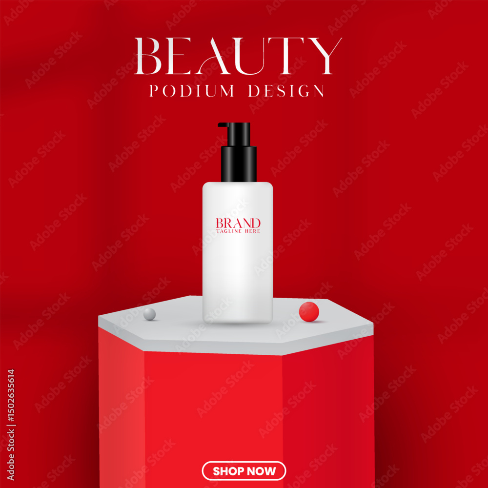 Aufkleber product mockup design. product display presentation design with a podium. red color abstract minimal