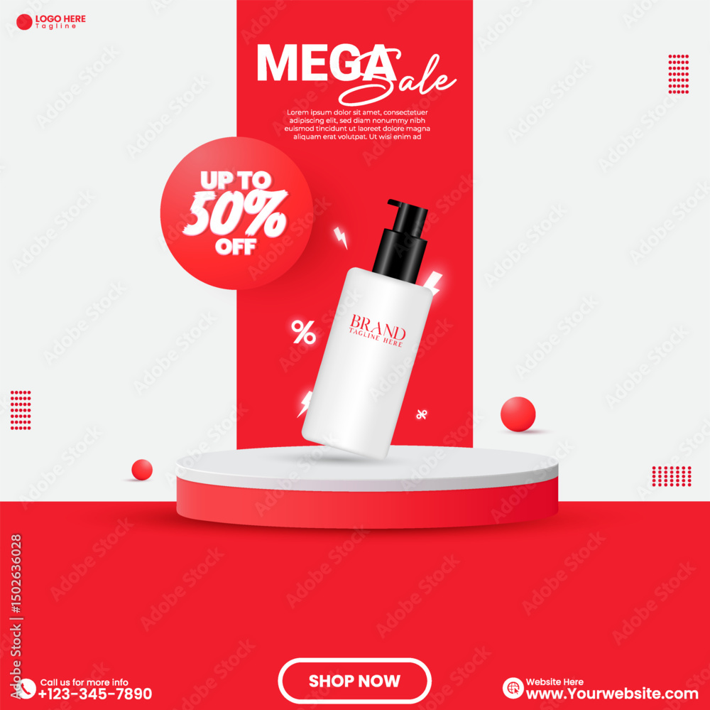 Aufkleber product mockup design. product display presentation design with a podium. red color abstract minimal