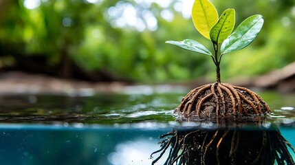 Mangrove Seedling Growing in Still Coastal Water