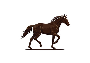 Horse running in full stride, flat vector logo, clean edges, dark brown and ivory tones.