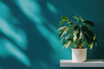 Sunlight streams onto a teal wall, highlighting a potted plant