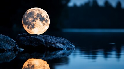 Moonlit Landscape with Soft Blue Tones and Orange Moon Reflection